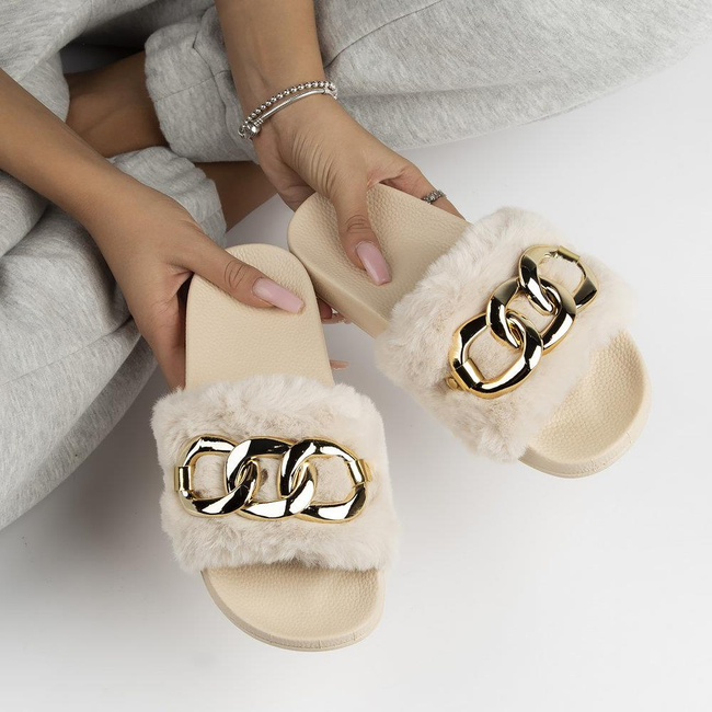 Flip flops with fur gold chain QT300 beige