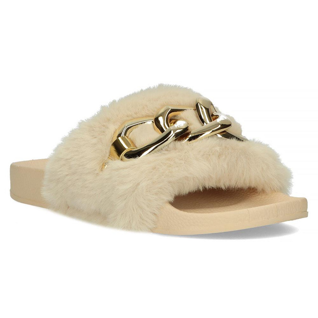 Flip flops with fur gold chain QT300 beige