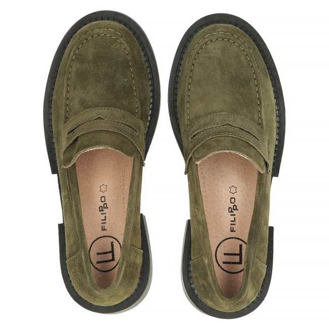Skórzane półbuty na obcasie Filippo DP4685/23 KH khaki
